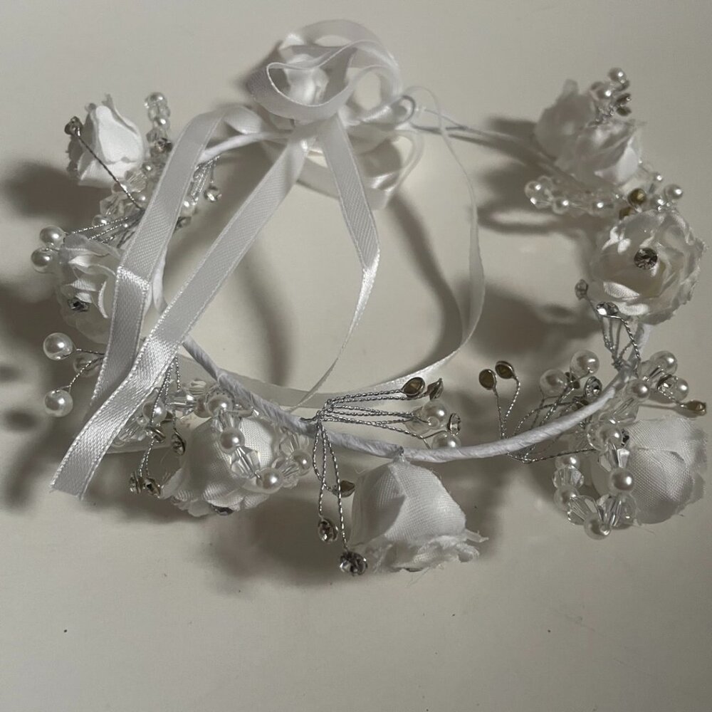 White Floral Pearl & Crystal Style Headband Crown